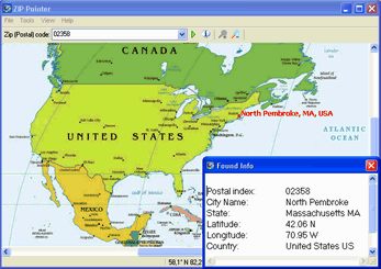 Lookup American city by ZIP, postal code or name on a North American map